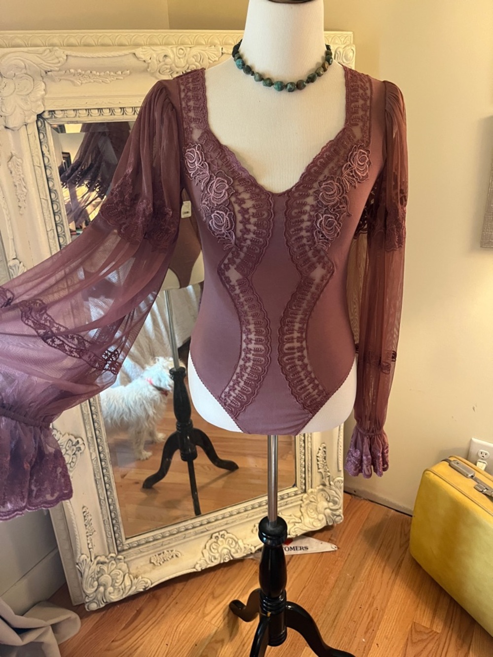 Free People,  Lace-Trim Long Sleeve Bodysuit in Dusty Rose